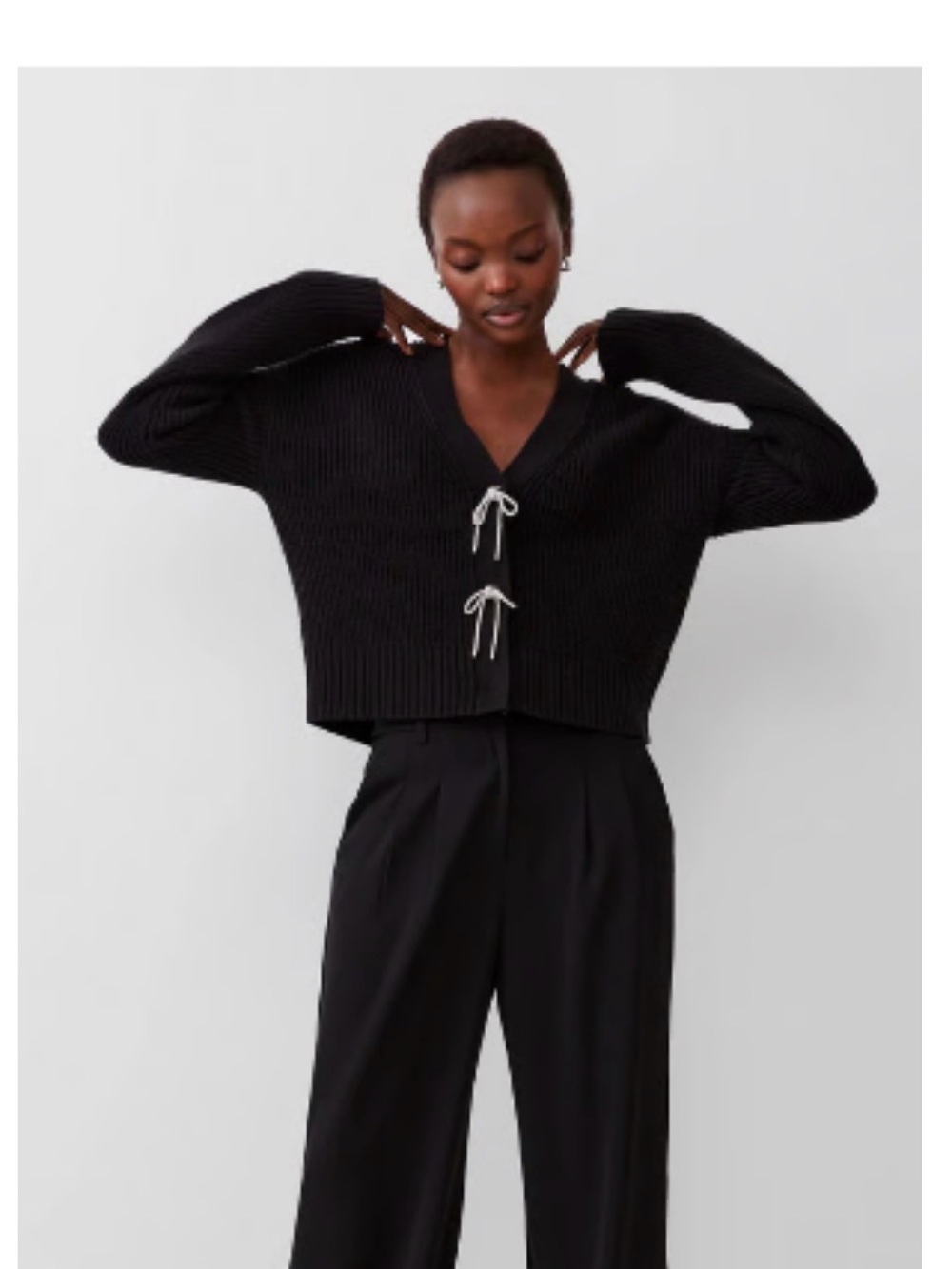 French Connection Black Ribbed Sparkly Bow Cardigan